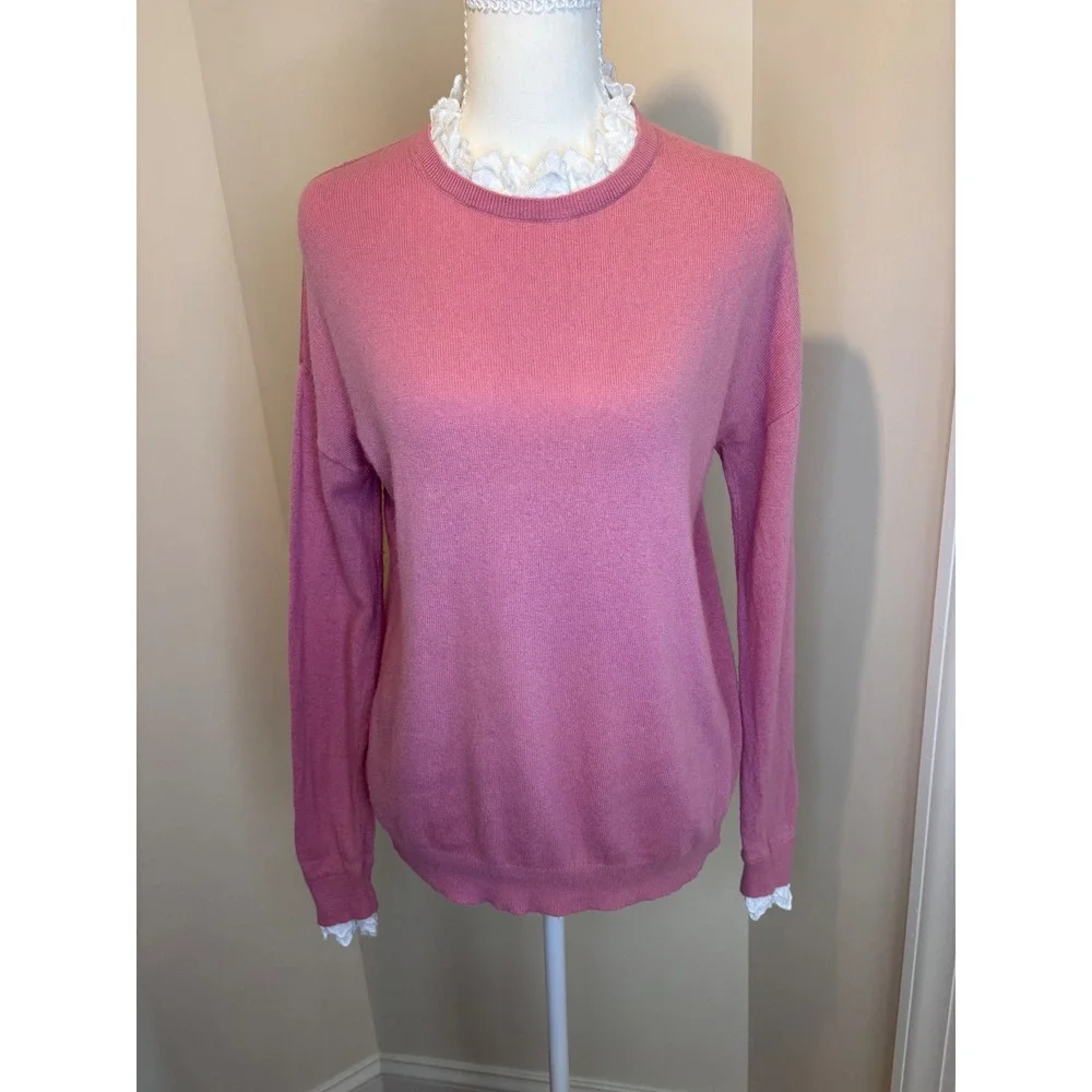 Boden Pink Ruffle Eyelet Collar Knit Sweater US 2 UK 6 Long Sleeve Button Back - Picture 1 of 6